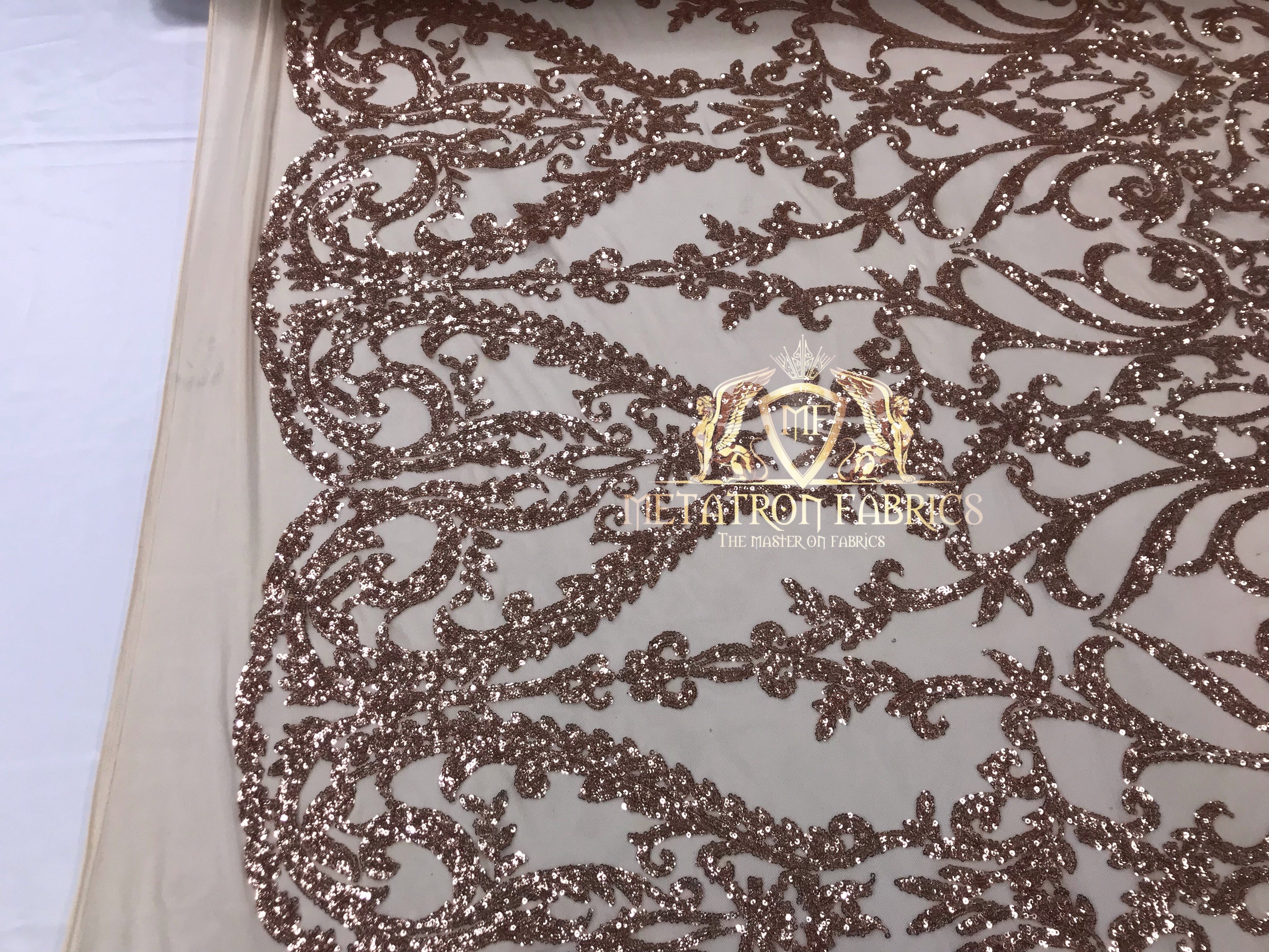 4 Way Stretch - Rose Gold - Sequins Damask Design Fabric Embroidered On Mesh Sold By The Yard