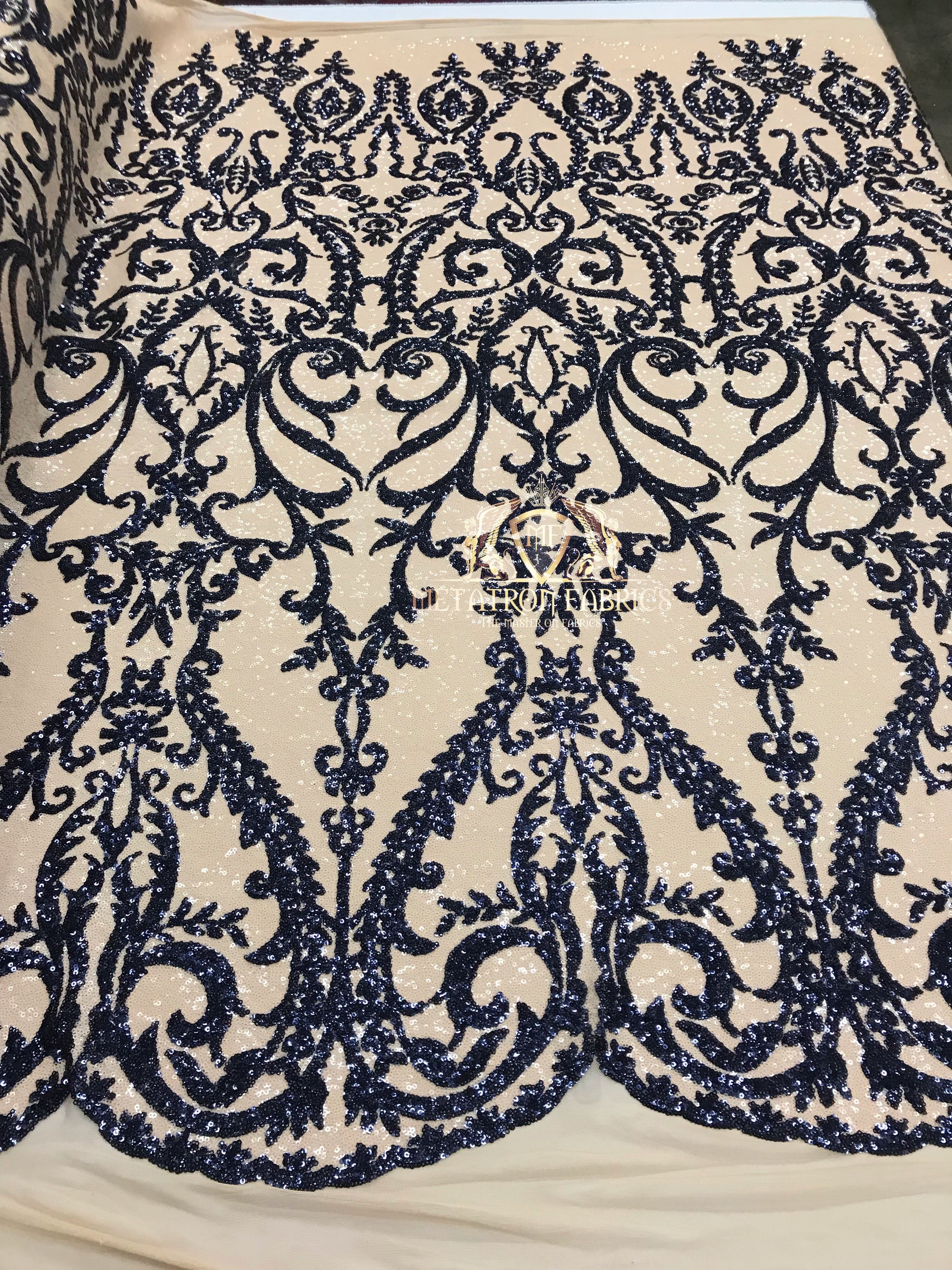 Two Tone Sequins - Navy / Nude - 4 Way Stretch Fancy Design Mesh Fabric Sold By The Yard