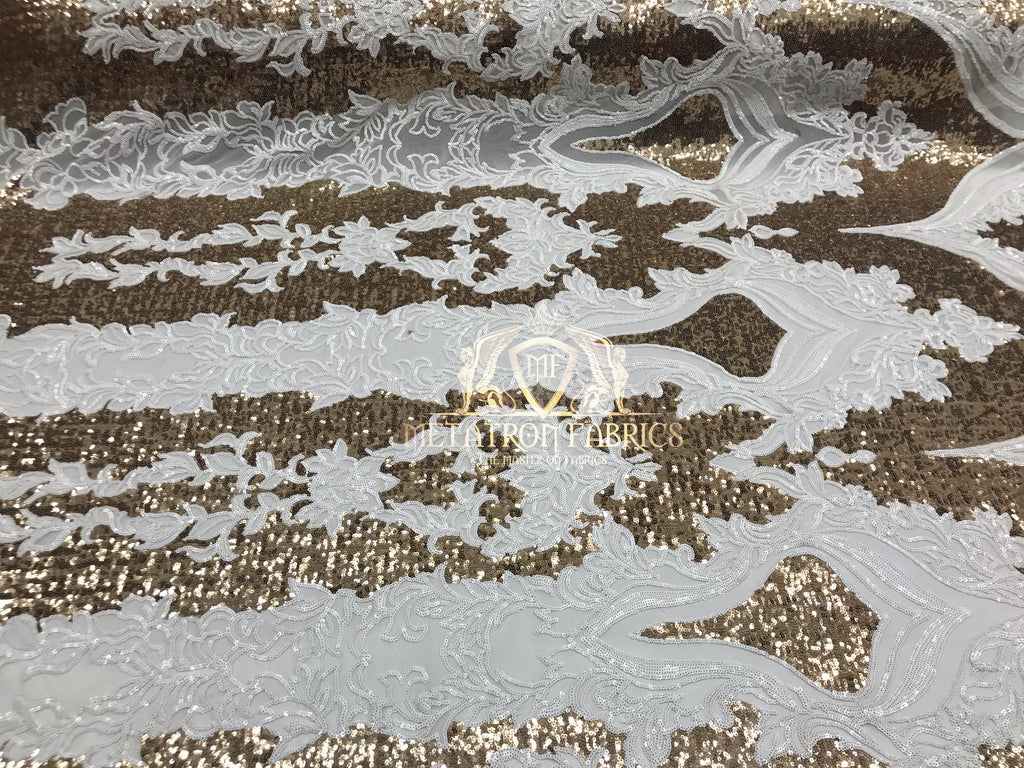 4 Way Stretch - White and Gold - Two Tone Flower Design Sequins On Stretch Mesh By The Yard