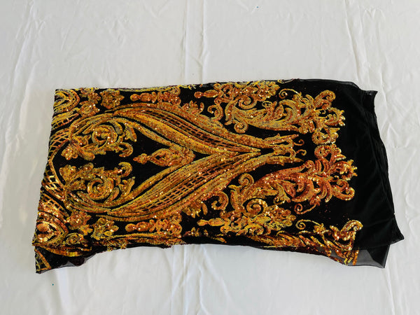Big Damask Sequins Fabric - Orange Iridescent - 4 Way Stretch Damask Sequins Design Fabric By Yard