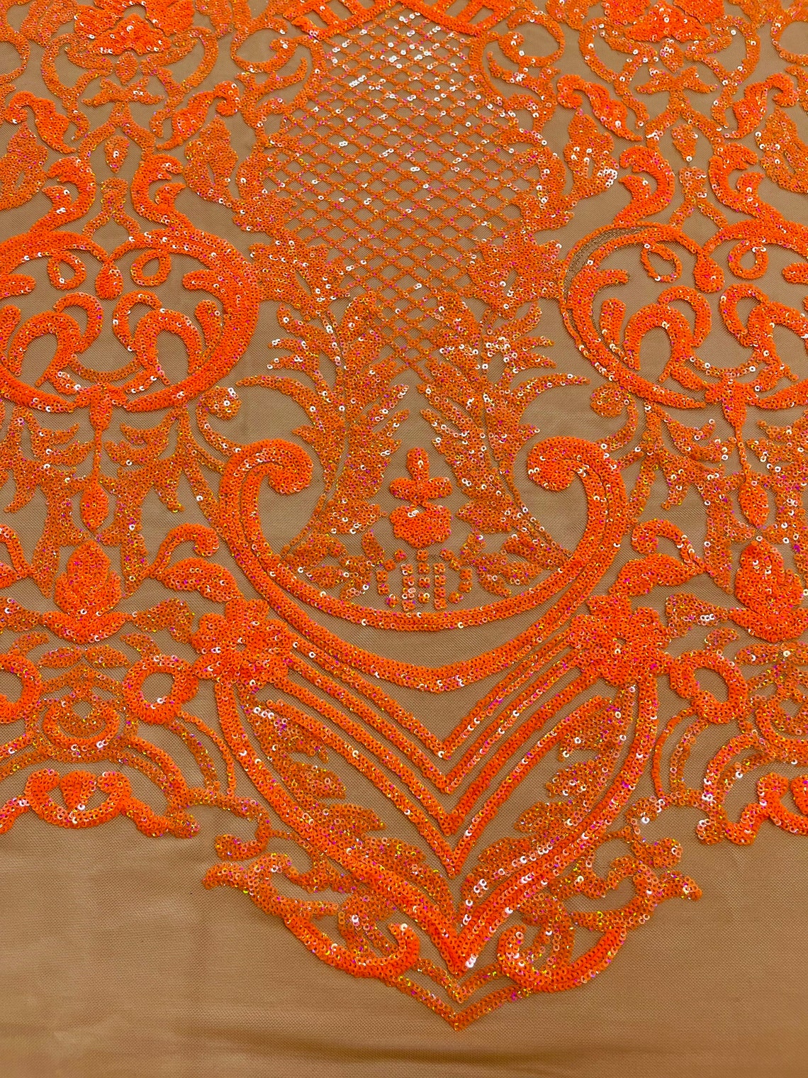 Orange Sequins Fabric on Skin Mesh, DAMASK Design Embroidered on a 4 way Stretch By The Yard