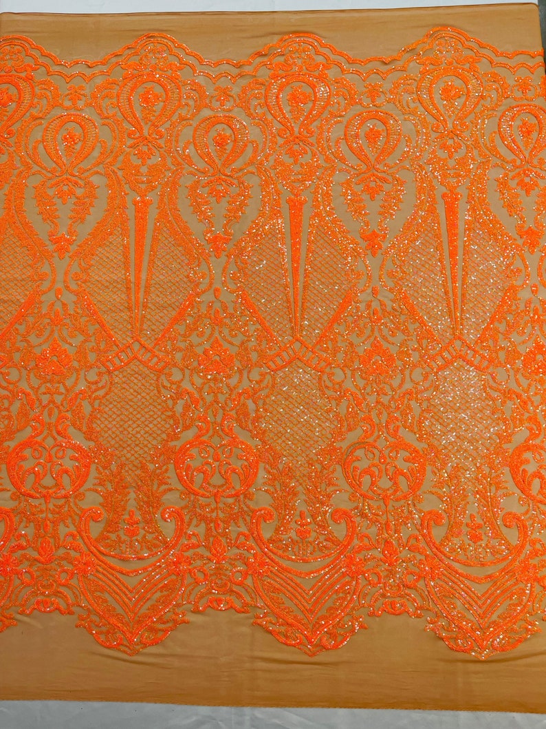 Orange Sequins Fabric on Skin Mesh, DAMASK Design Embroidered on a 4 way Stretch By The Yard