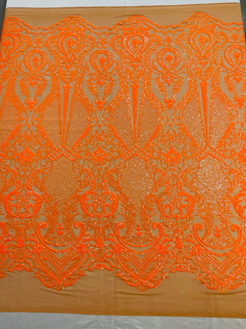Orange Sequins Fabric on Skin Mesh, DAMASK Design Embroidered on a 4 way Stretch By The Yard