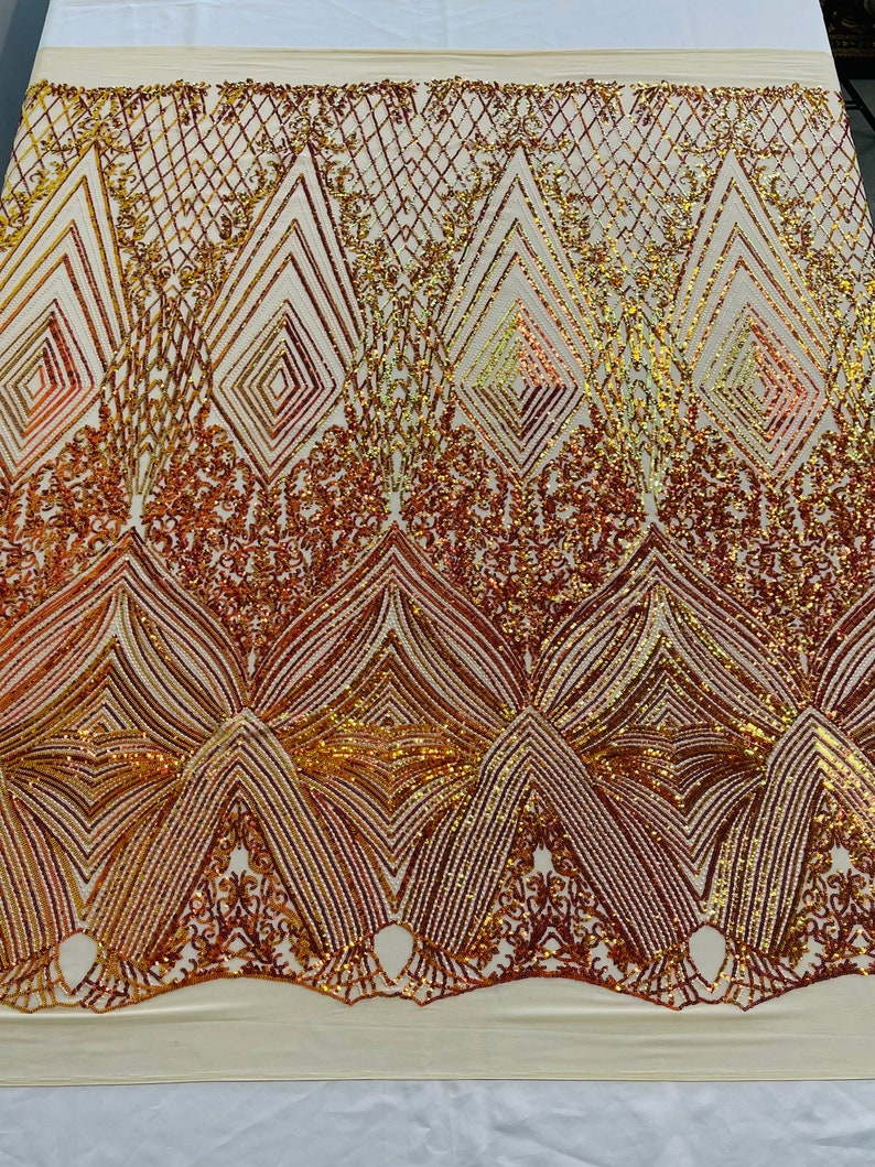 Orange Iridescent Sequins Fabric on Nude Mesh, GEOMETRIC Design 4 way Stretch By The Yard