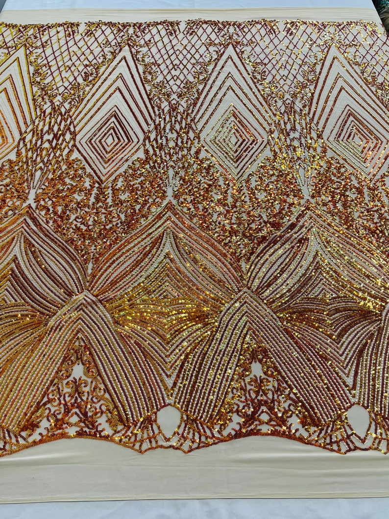 Orange Iridescent Sequins Fabric on Nude Mesh, GEOMETRIC Design 4 way Stretch By The Yard