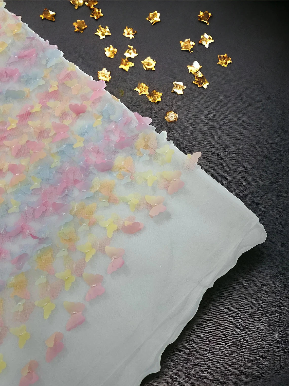 3D Butterfly Design Lace - Pastel Rainbow - Embroidered Lace with 3D Butterfly Design By Yard