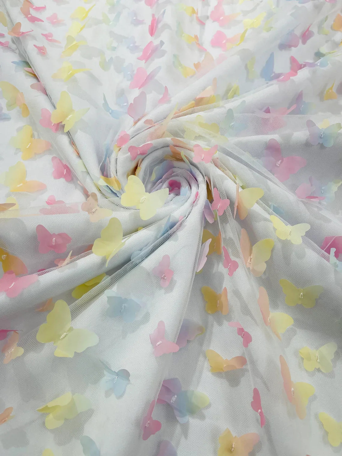 3D Butterfly Design Lace - Pastel Rainbow - Embroidered Lace with 3D Butterfly Design By Yard