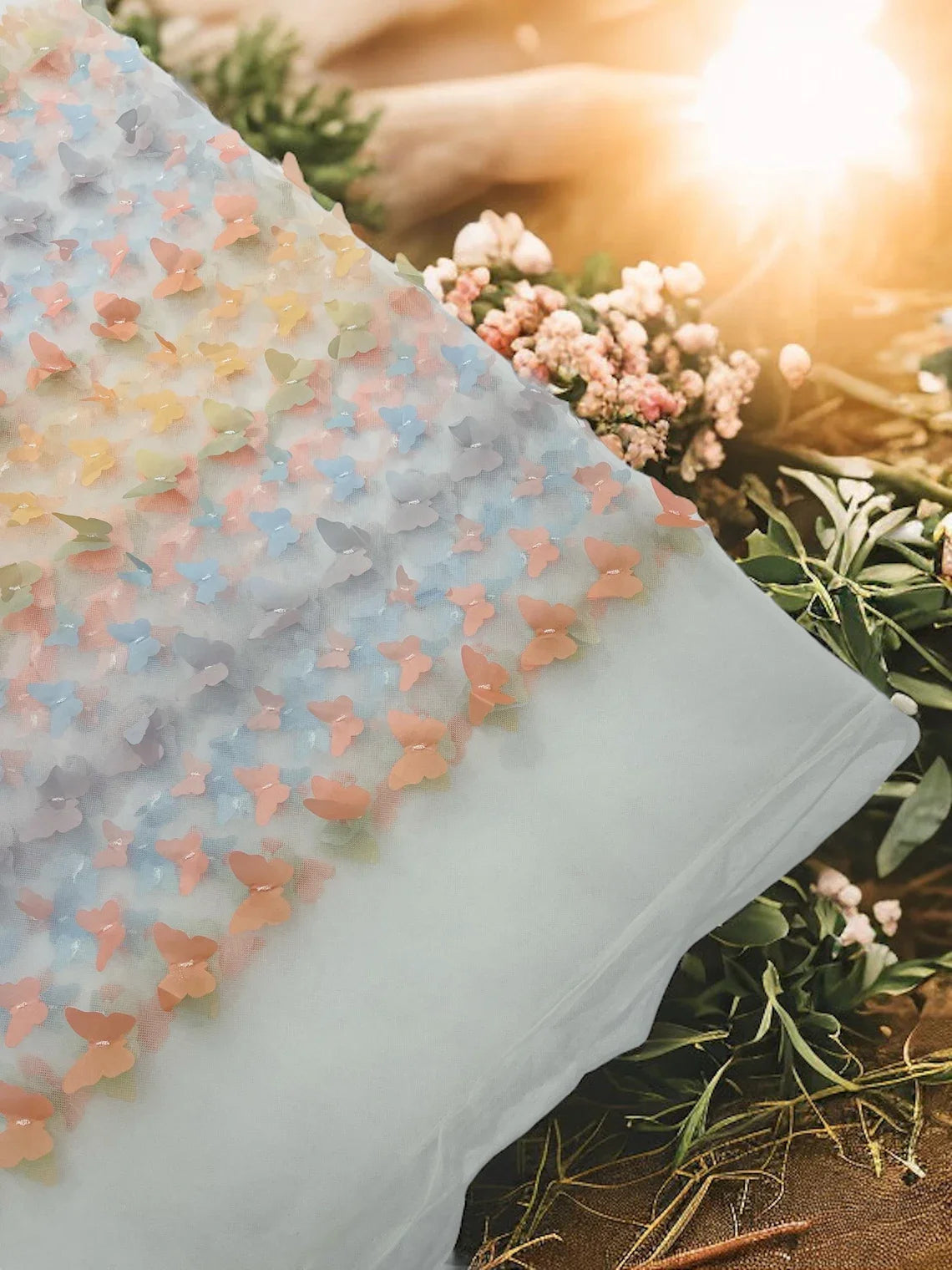 3D Butterfly Design Lace - Pastel Multi-Color - Embroidered Lace with 3D Butterfly Design By Yard