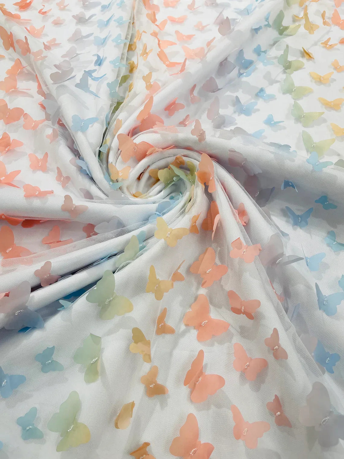 3D Butterfly Design Lace - Pastel Multi-Color - Embroidered Lace with 3D Butterfly Design By Yard