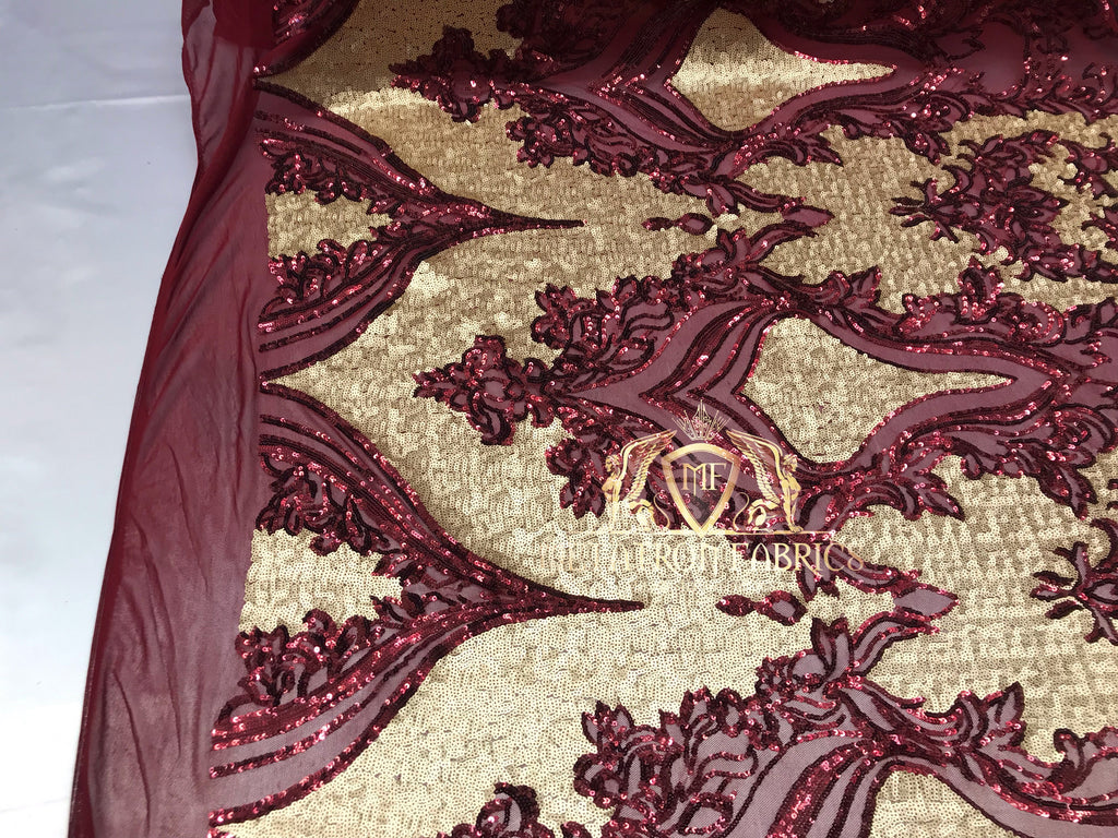 4 Way Stretch - Burgundy and Gold - Two Tone Flower Design Sequins On Stretch Mesh By The Yard