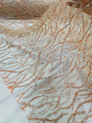 Glitter Wavy Bead Fabric - Peach / Silver - Sequins, Bead, Glitter Design on Lace Fabric By Yard