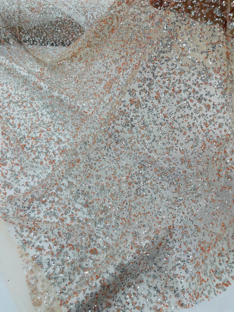 Beads and Sequins Lace - Peach / Silver - Embroidered Beads and Sequins on Lace Mesh Fabric By Yard