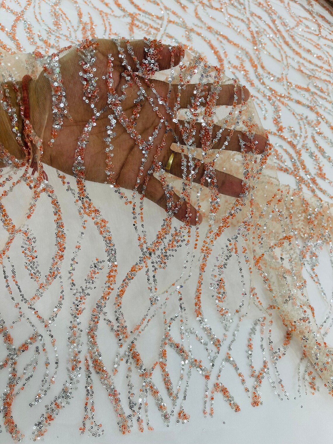 Glitter Wavy Bead Fabric - Peach / Silver - Sequins, Bead, Glitter Design on Lace Fabric By Yard