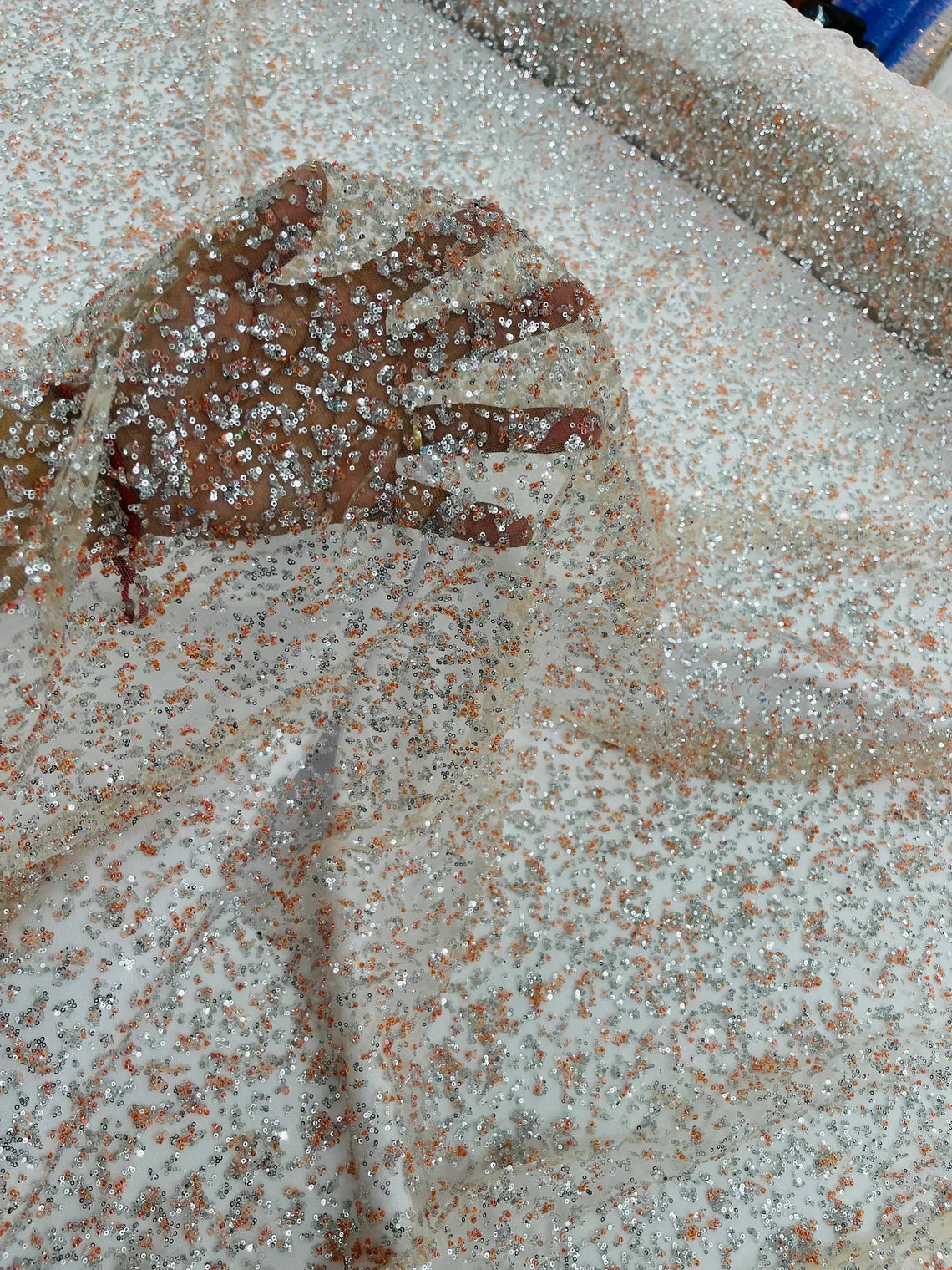 Beads and Sequins Lace - Peach / Silver - Embroidered Beads and Sequins on Lace Mesh Fabric By Yard