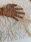 Glitter Wavy Bead Fabric - Peach / Silver - Sequins, Bead, Glitter Design on Lace Fabric By Yard