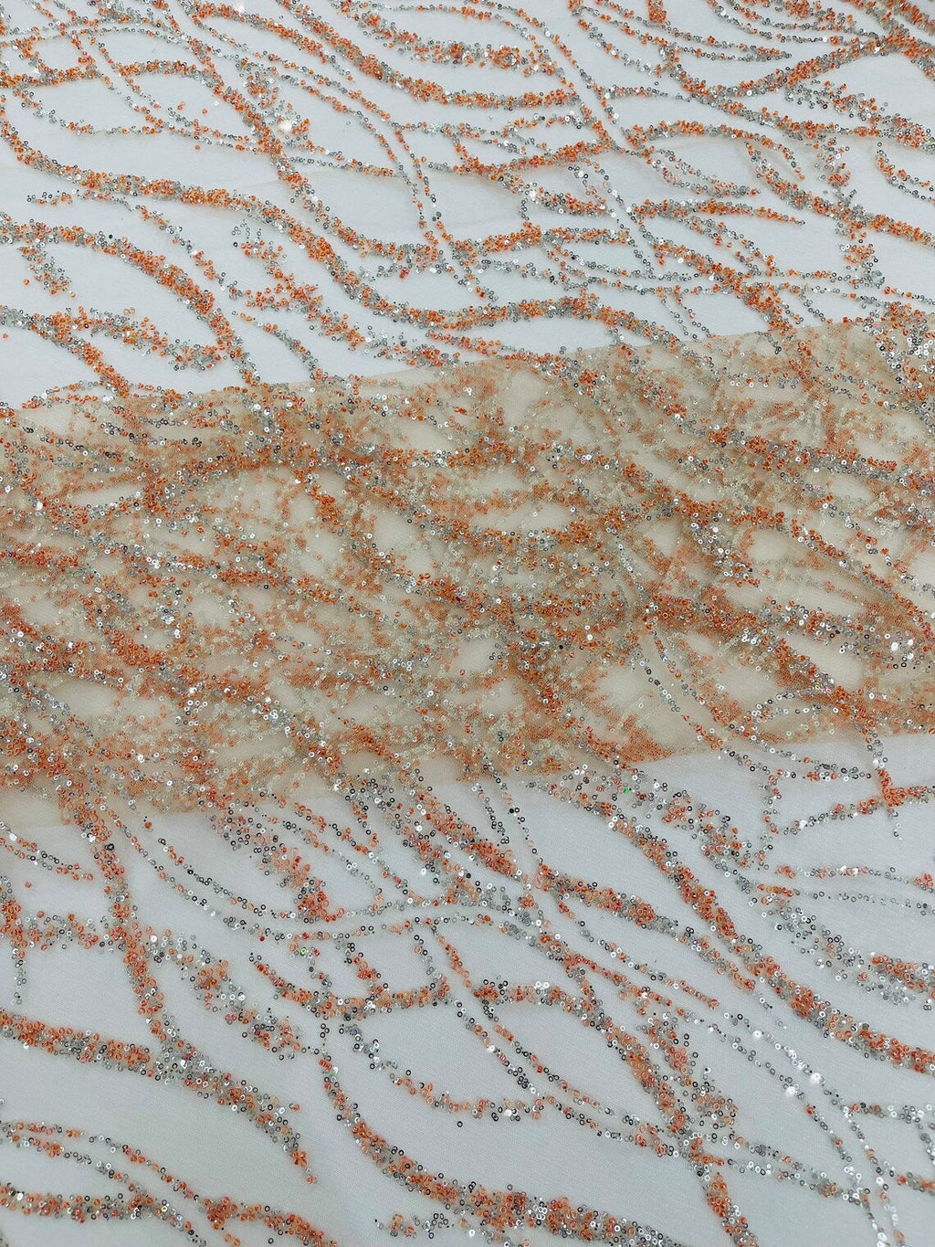 Glitter Wavy Bead Fabric - Peach / Silver - Sequins, Bead, Glitter Design on Lace Fabric By Yard