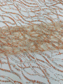 Glitter Wavy Bead Fabric - Peach / Silver - Sequins, Bead, Glitter Design on Lace Fabric By Yard