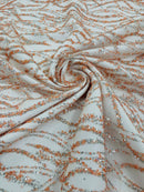 Glitter Wavy Bead Fabric - Peach / Silver - Sequins, Bead, Glitter Design on Lace Fabric By Yard