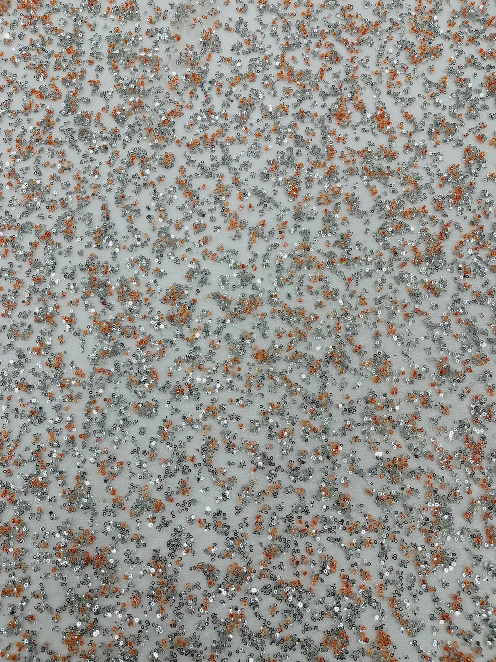 Beads and Sequins Lace - Peach / Silver - Embroidered Beads and Sequins on Lace Mesh Fabric By Yard