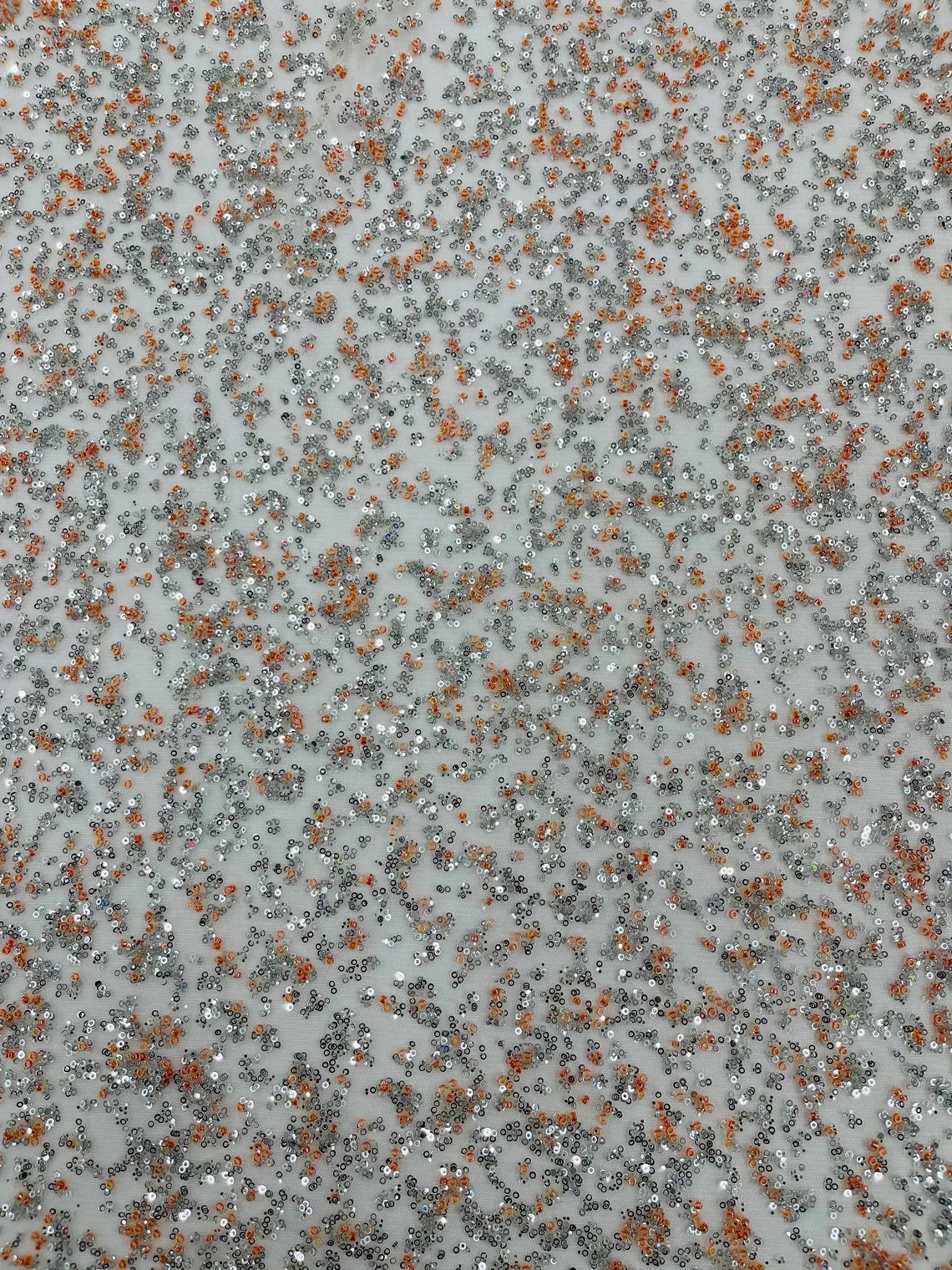 Beads and Sequins Lace - Peach / Silver - Embroidered Beads and Sequins on Lace Mesh Fabric By Yard