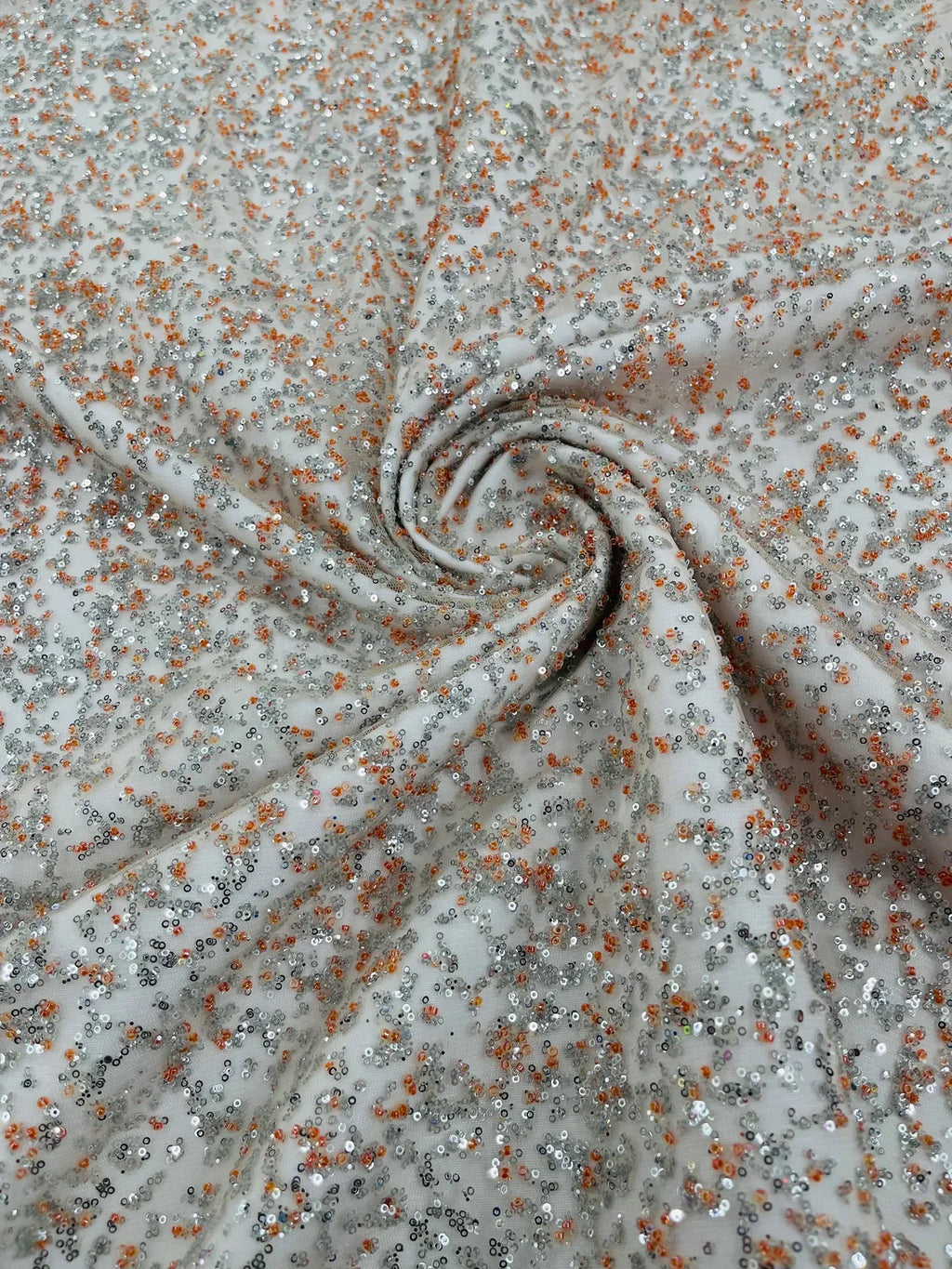 Beads and Sequins Lace - Peach / Silver - Embroidered Beads and Sequins on Lace Mesh Fabric By Yard