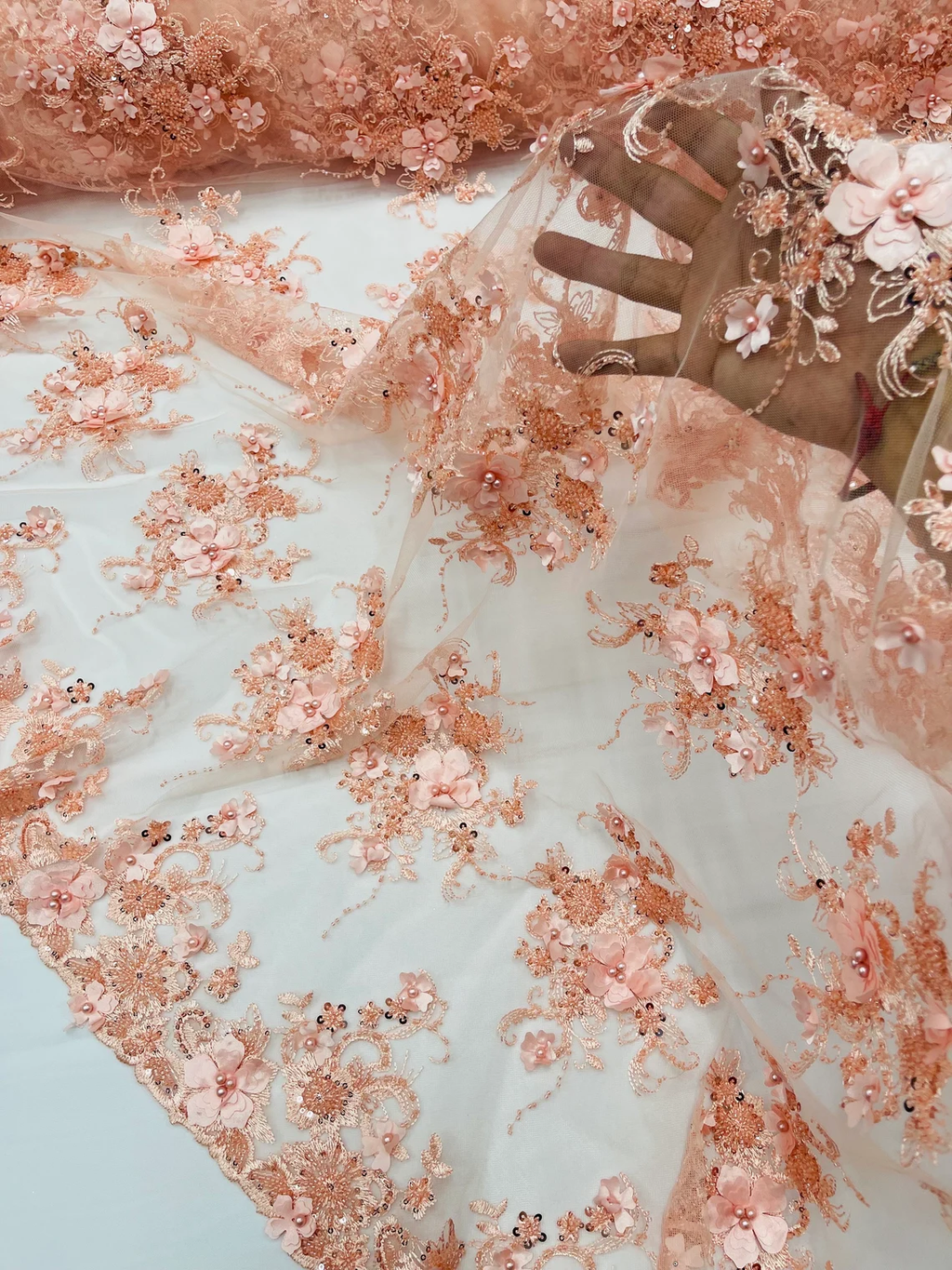 3D Flower Sequins Design - Peach - Embroidered Pearl Sequins Floral Clusters Lace Fabric By Yard