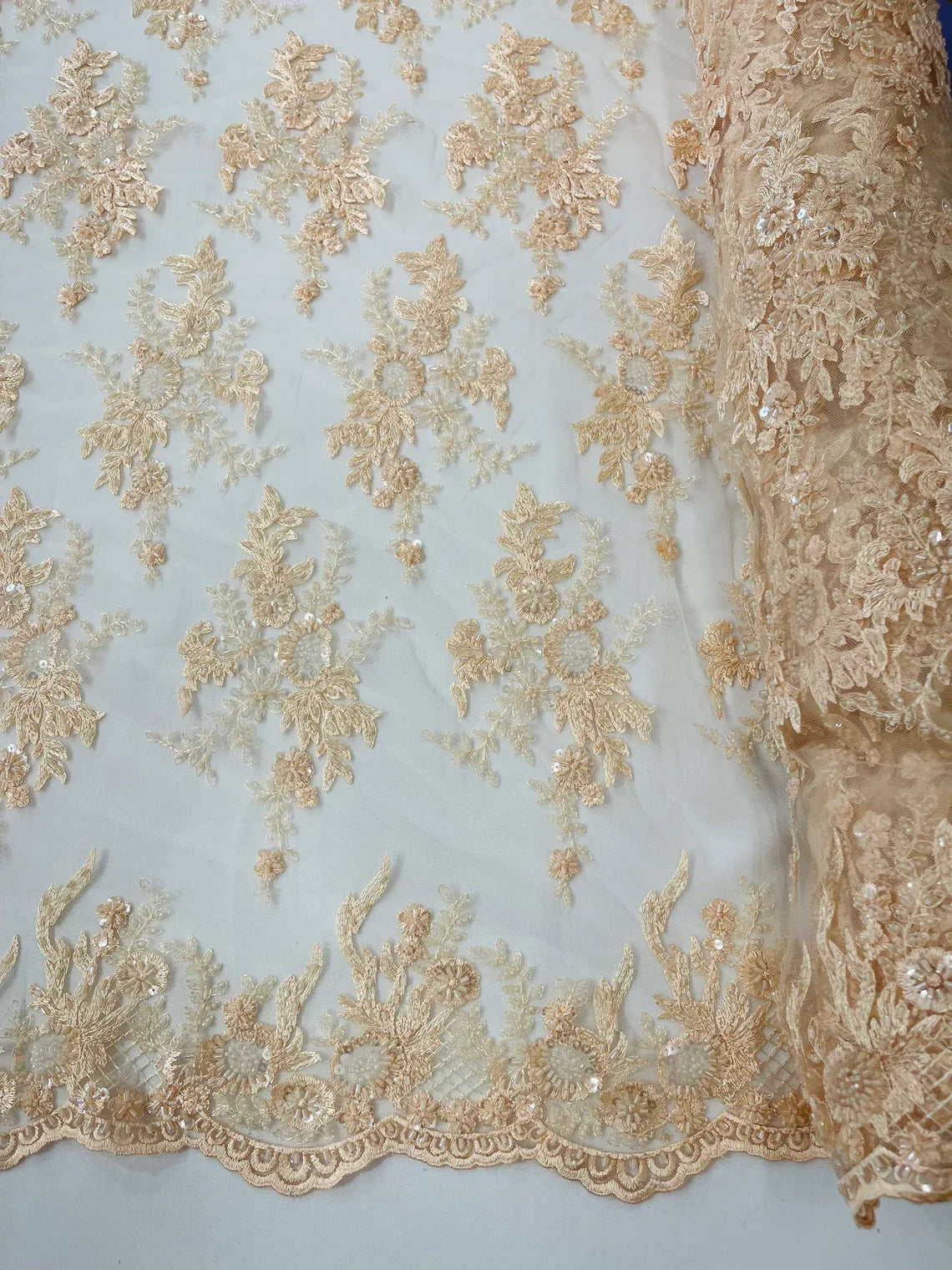 Beaded Flower Sequins Fabric - Peach - Embroidered Beaded Floral Clusters Sequins Fabric By Yard