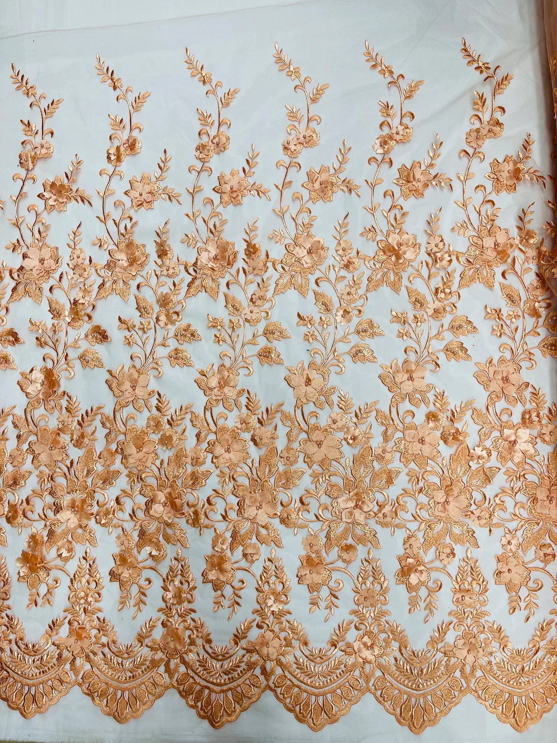 3D Scalloped Border Fabric - Peach - 3D Flowers Embroidered on Lace Sold By Yard