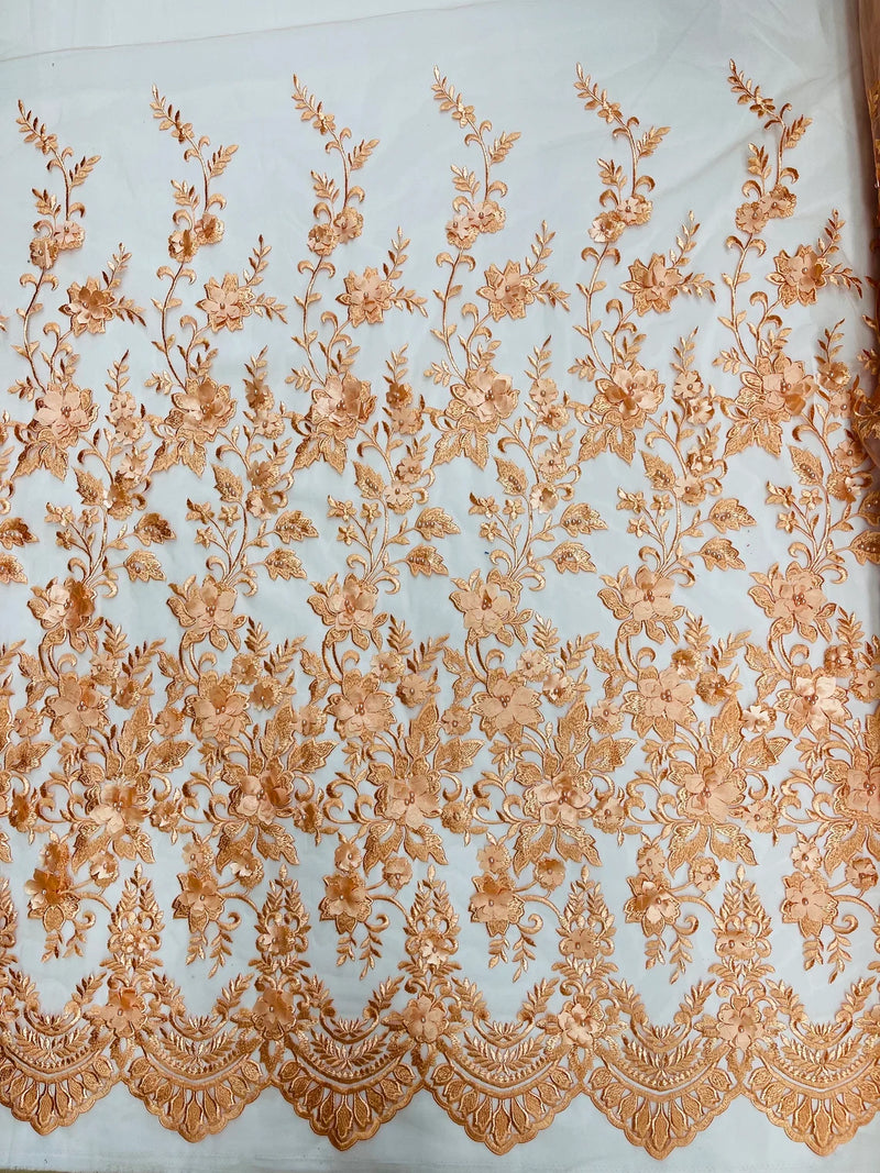 3D Scalloped Border Fabric - Peach - 3D Flowers Embroidered on Lace Sold By Yard