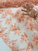 3D Flower Sequins Design - Peach - Embroidered Pearl Sequins Floral Clusters Lace Fabric By Yard