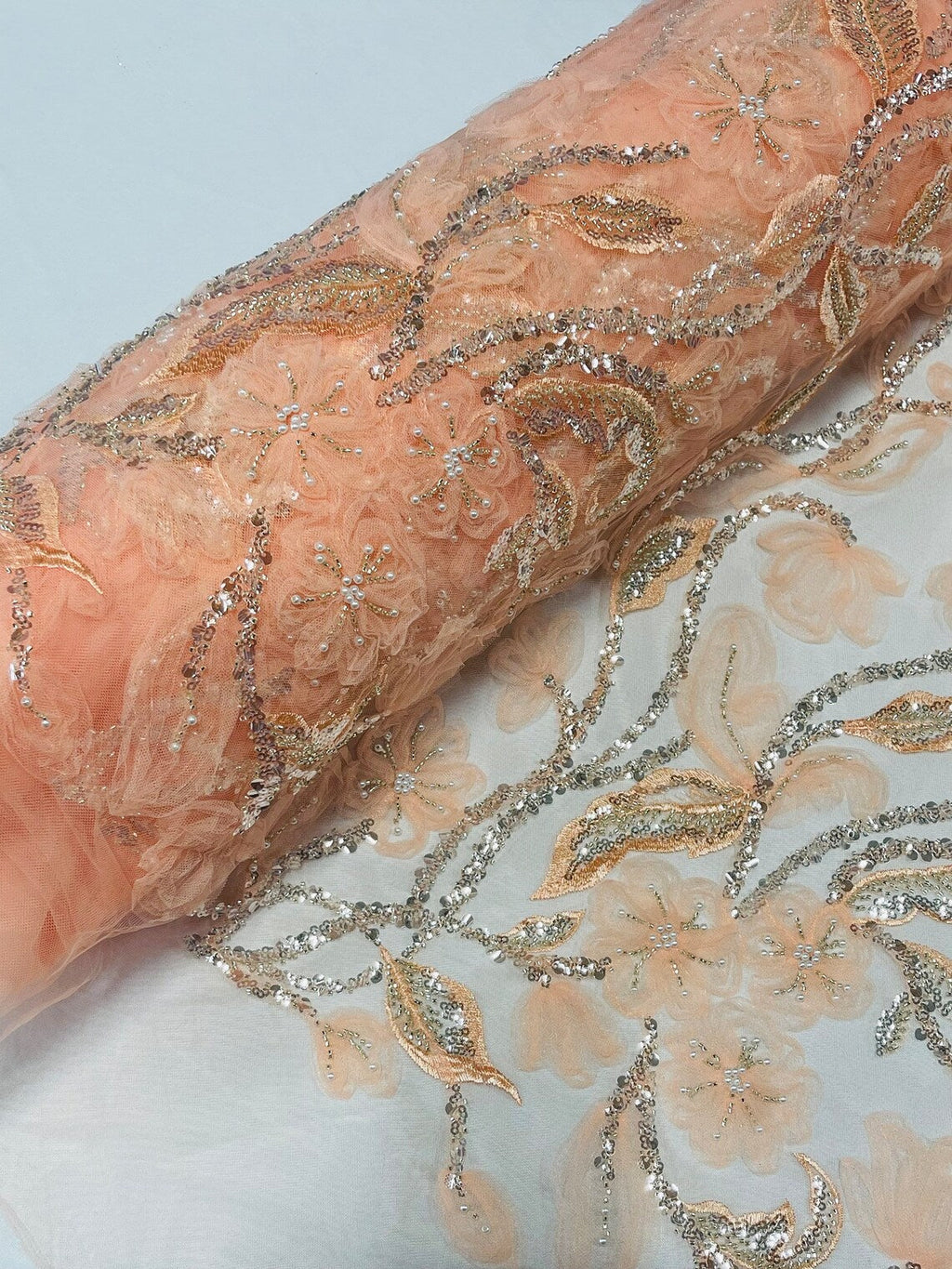3D Tulle Flower Bead Fabric - Peach - Mesh Flower Plant Design with Beads By Yard