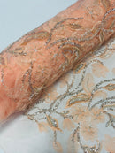 3D Tulle Flower Bead Fabric - Peach - Mesh Flower Plant Design with Beads By Yard