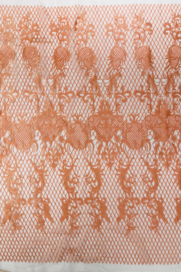 Damask on Net Lace Fabric - Peach - Embroidered Lace Mesh Damask Design Fabric by Yard