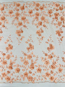3D Floral Pearl Fabric - Peach - Embroidered Floral Pearl Fabric Double Border On Mesh By Yard