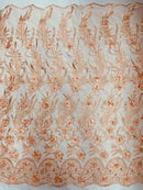 3D Floral Leaf Panels - Peach - Embroidered 3D Flower Lines with Pearls on Lace By Yard