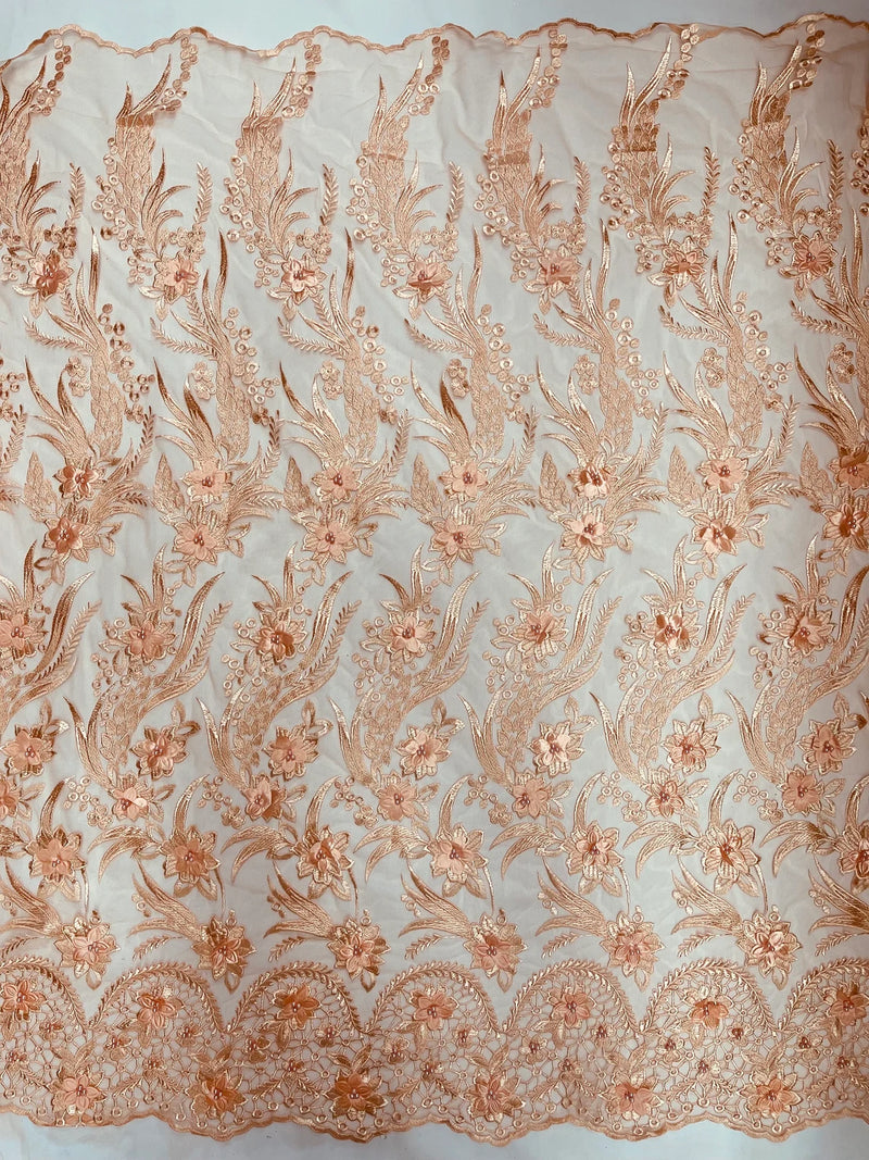 3D Floral Leaf Panels - Peach - Embroidered 3D Flower Lines with Pearls on Lace By Yard