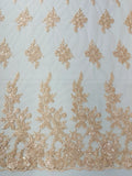 Beaded Rose Flower Fabric - Peach - Embroidered Beaded Long Border Floral Fabric By Yard