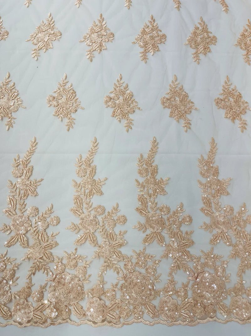 Beaded Rose Flower Fabric - Peach - Embroidered Beaded Long Border Floral Fabric By Yard