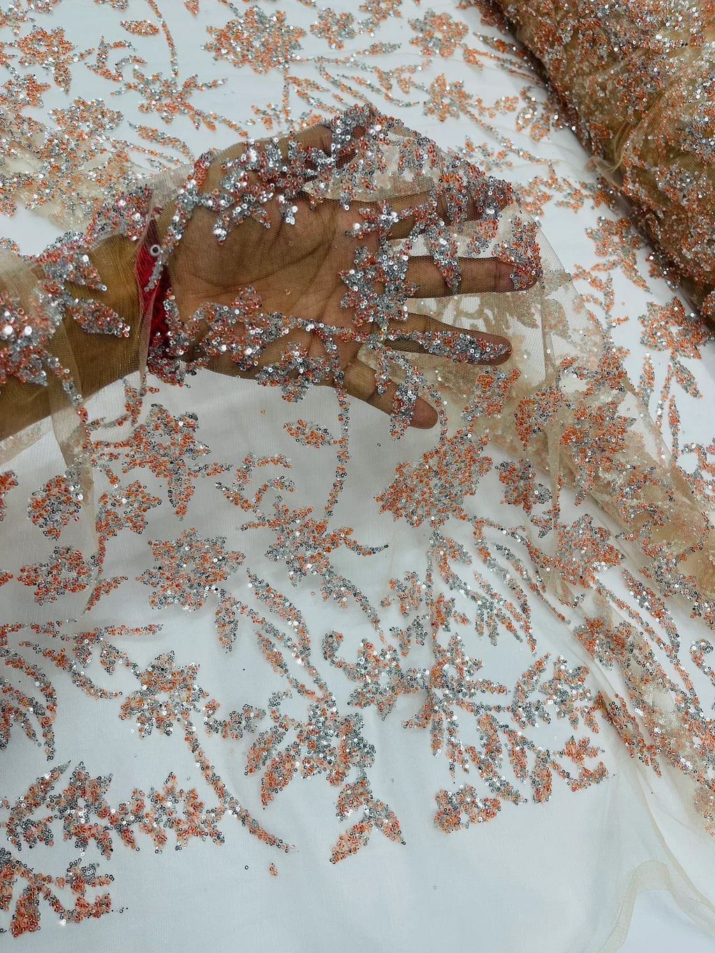 Floral Silver Beaded Fabric - Peach - Flower Design with Silver Beads and Sequins on Lace by Yard