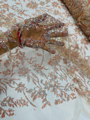 Floral Silver Beaded Fabric - Peach - Flower Design with Silver Beads and Sequins on Lace by Yard