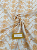 Embroidered Flower Fabric - Peach - Floral Design Scalloped Border Fabric By Yard