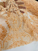 Heavy Bead Floral Fabric - Peach - Beaded Flower Design Fabric Fancy Border By Yard