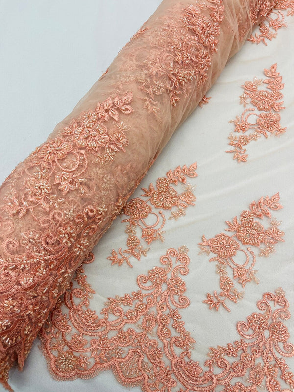 Beaded Floral Fabric - Peach - Embroidered Flower Cluster Beaded Fabric Sold By Yard