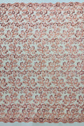 Corded Sequin Floral Fabric - Peach - Embroidery Design With Sequins on a Mesh Lace Fabric Sold By Yard