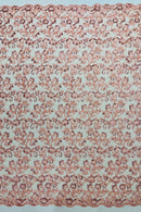 Corded Sequin Floral Fabric - Peach - Embroidery Design With Sequins on a Mesh Lace Fabric Sold By Yard