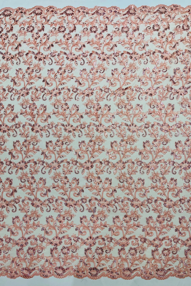 Corded Sequin Floral Fabric - Peach - Embroidery Design With Sequins on a Mesh Lace Fabric Sold By Yard