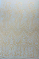 Zig Zag Design Sequins - Peach - 4 Way Stretch Embroidered Zig Zag Sequins Lace Fabric By The Yard