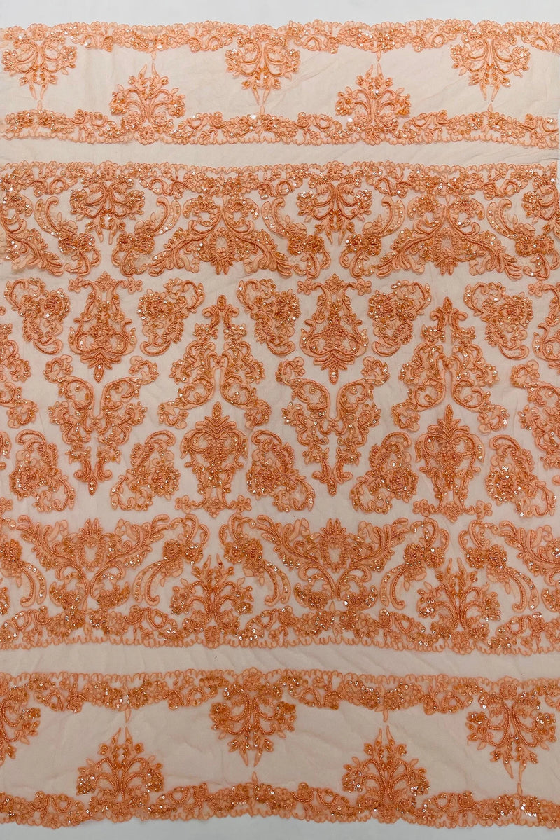 Beaded My Lady Damask Design - Peach - Beaded Fancy Damask Embroidered Fabric By Yard
