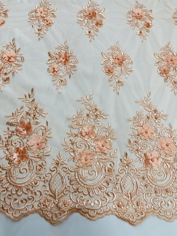 3D Fancy Floral Design Fabric - Peach - 3D Flower Fabric with Small Beads on Lace Sold By Yard