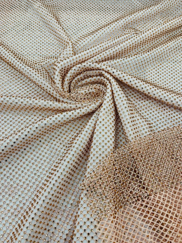 Fish Net Spandex Rhinestone Fabric - Peach - Solid Spandex Fish Net Design Fabric with Rhinestones by Yard